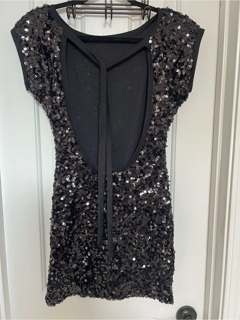 Black Sequin Mini Dress with Deep Scoop Back